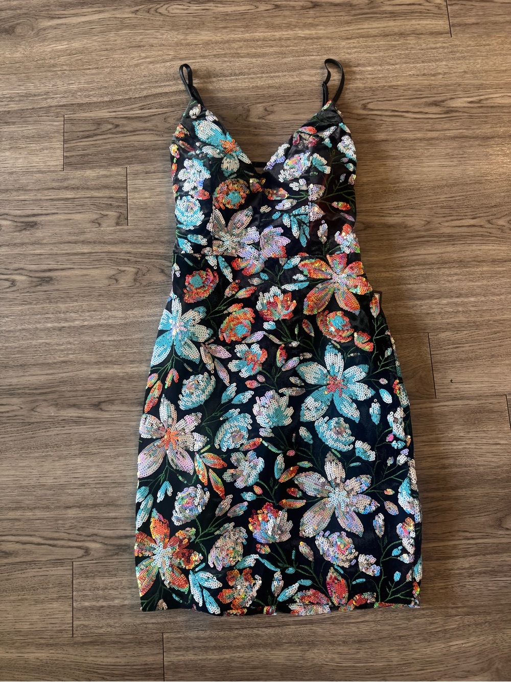 Black Floral Sequin Mini Dress with Multicolor Embellishment